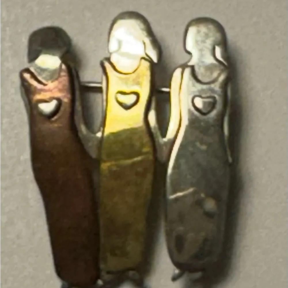 Vtg Far Fetched Sterling Silver Brass Copper Three Sisters Hearts Pin Brooch - Picture 4 of 5